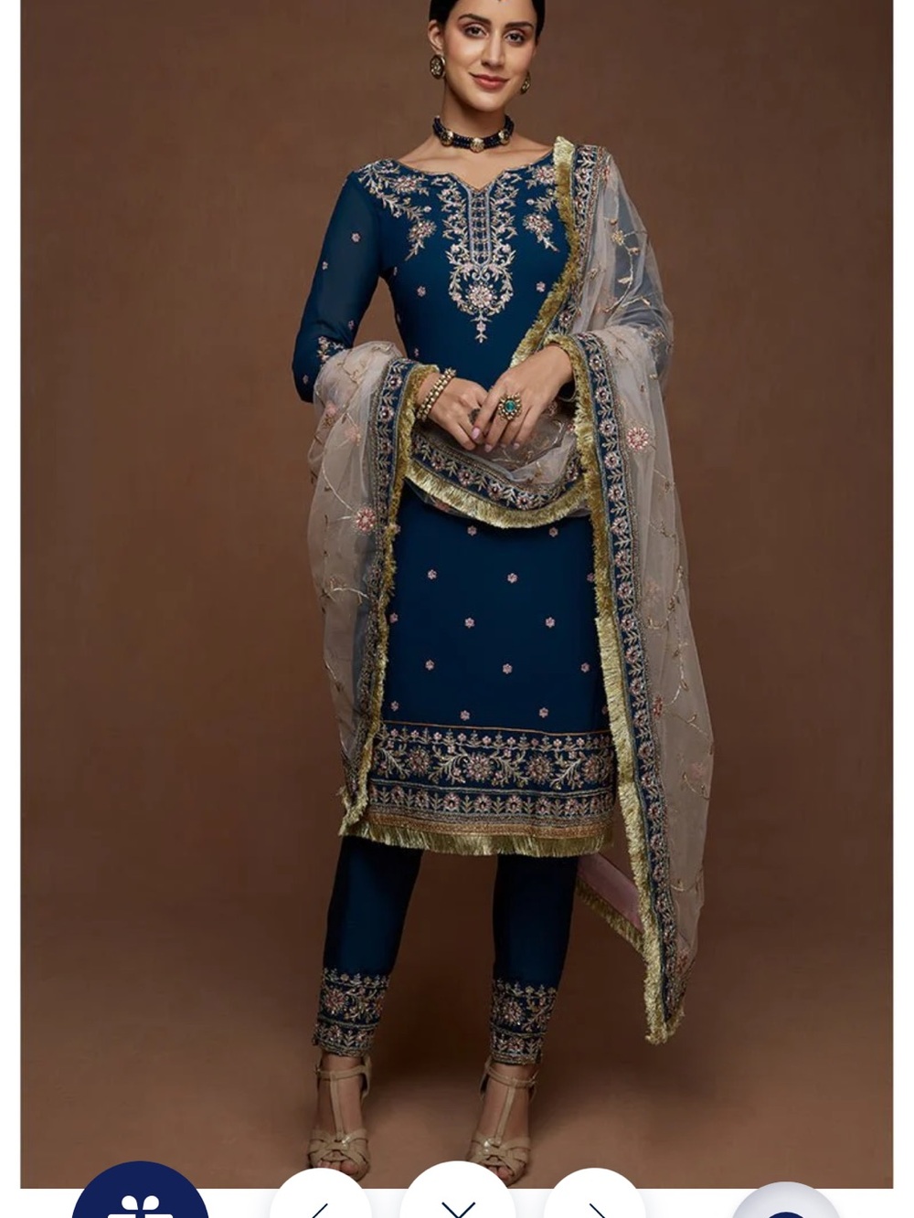 Embroidered Navy Straight-Leg Salwar Set with Sheer Dupatta